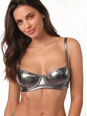 Dream Angels Push up w/o Padding Faux Leather Silver Bra 36B New